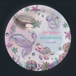 Trendy Mermaid, Sea Turtle & Narwhal Birthday Paper Plate<br><div class="desc">Girly under the sea themed party sign featuring a cute little mermaid, sea turtle, seahorse, narwhal and other magical underwater critters and sparkly starfish and corals. Use the template fields to add your wording. If you want to change the font style, color or text placement, simply click the "Customize Further"...</div>