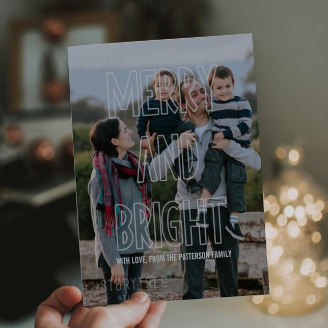 Trendy Merry and Bright Overlay Holiday Flat Card (Trendy Merry and Bright Holiday Photo Card)
