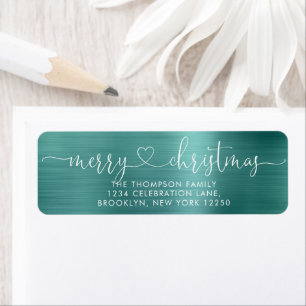 Trendy Merry Christmas Heart Script Metallic Teal