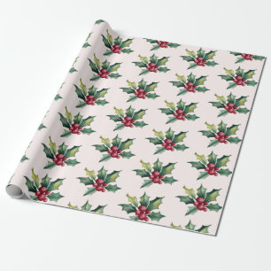 Trendy Merry Christmas Holly and Berries Pattern Wrapping Paper