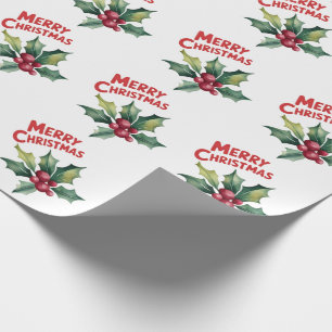 Trendy Merry Christmas Holly and Berries Pattern Wrapping Paper
