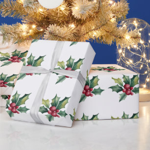 Trendy Merry Christmas Holly and Berries Pattern Wrapping Paper