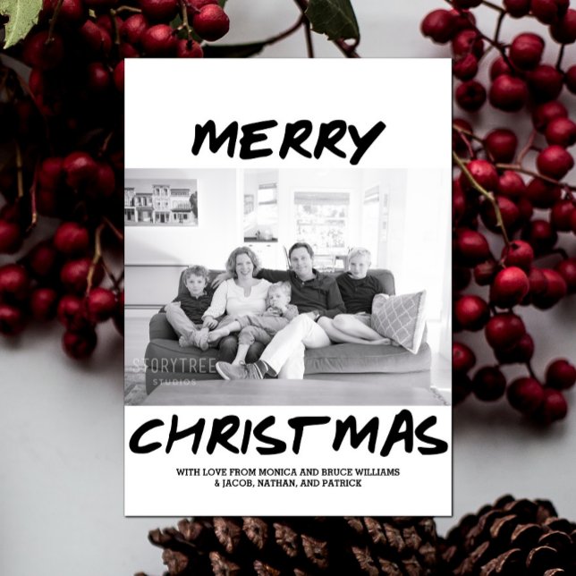 Trendy Merry Christmas Photo Card | Black (Black Trendy Merry Christmas Photo Card)