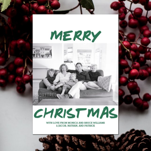 Trendy Merry Christmas Photo Card | Green (Green Trendy Merry Christmas Photo Card)