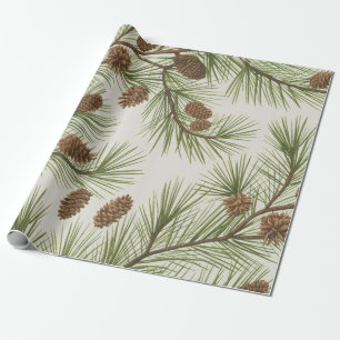 Trendy Merry Christmas Pine Cones and Branches Wrapping Paper