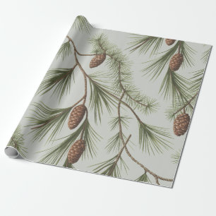 Trendy Merry Christmas Pine Cones and Branches Wrapping Paper