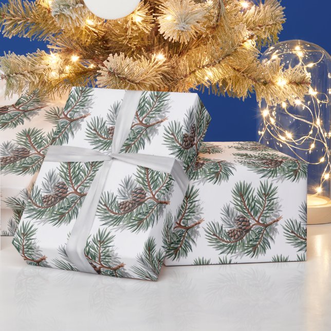 Trendy Merry Christmas Pine Cones and Branches     Wrapping Paper (Holidays)