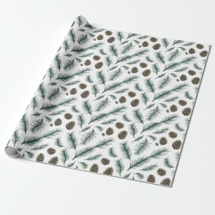 Trendy Merry Christmas Pine Cones and Branches Wrapping Paper