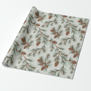 Trendy Merry Christmas Pine Cones and Branches Wrapping Paper