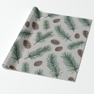 Trendy Merry Christmas Pine Cones and Branches Wrapping Paper