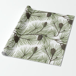 Trendy Merry Christmas Pine Cones and Branches Wrapping Paper