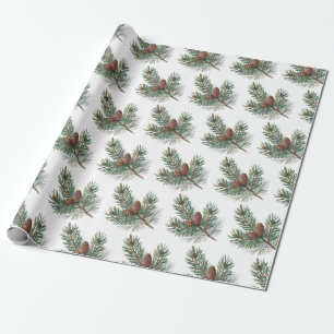 Trendy Merry Christmas Pine Cones and Branches Wrapping Paper