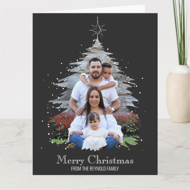 Trendy Merry Christmas Tree Silhouette Photo Grey Card (Front)