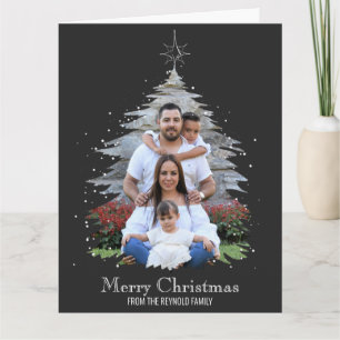 Trendy Merry Christmas Tree Silhouette Photo Grey Card