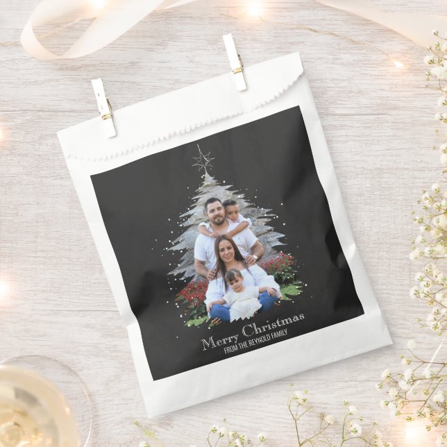 Trendy Merry Christmas Tree Silhouette Photo Grey Favour Bags (Clipped)