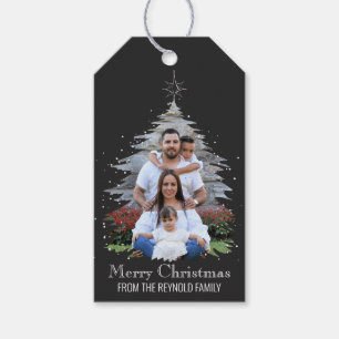 Trendy Merry Christmas Tree Silhouette Photo Grey Gift Tags
