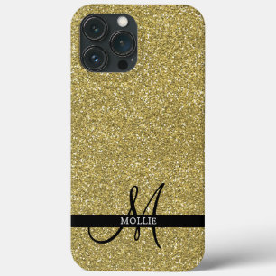 Trendy Metallic Glitter Gold Light Monogrammed iPhone 13 Pro Max Case