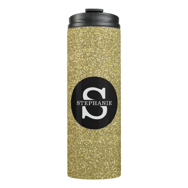 Trendy Metallic Glitter Gold Light Monogrammed  Thermal Tumbler (Front)