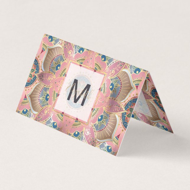 Trendy Metallic Gold and Pink Mandala Design Business Card (Front)