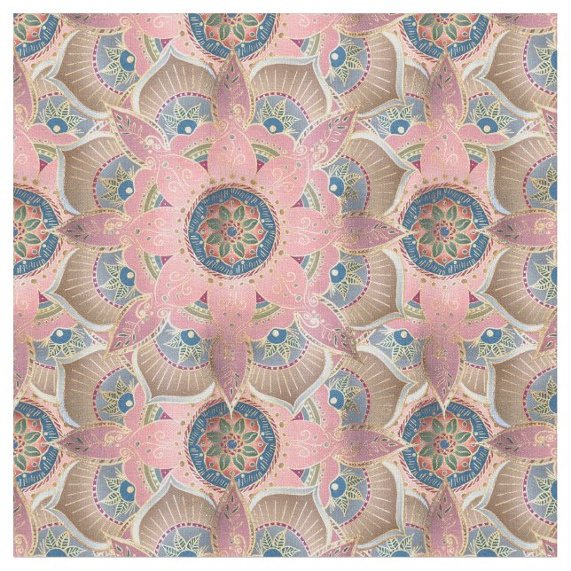 Trendy Metallic Gold and Pink Mandala Design Fabric (Close Up)