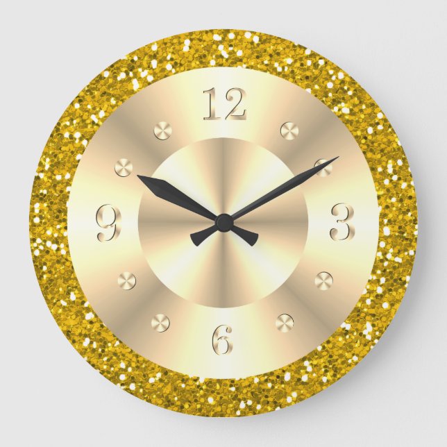 Trendy Metallic Gold Glitter Sparkle Glam  Large Clock (Front)