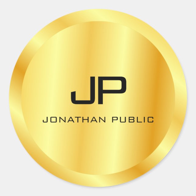 Trendy Metallic Look Faux Gold Monogram Template Classic Round Sticker (Front)