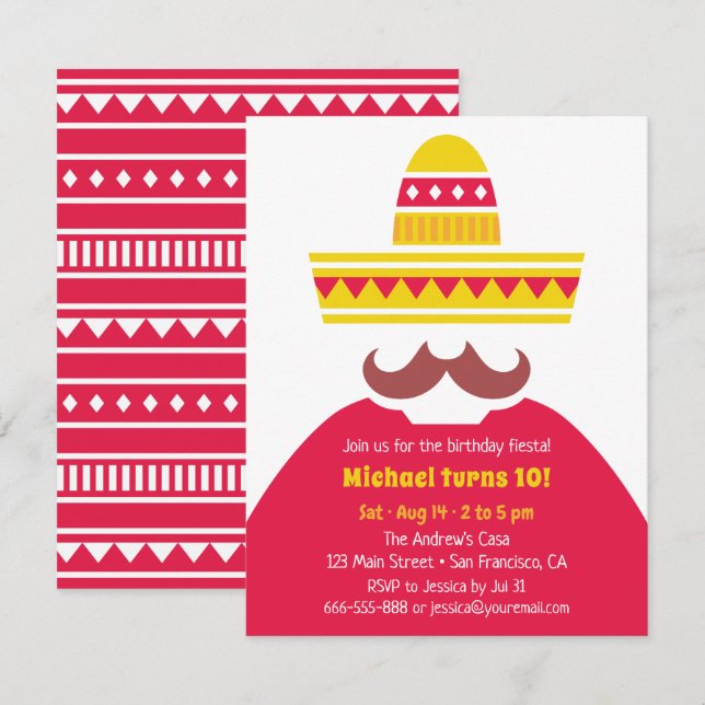 Trendy Mexican Sombrero Moustache Fiesta Party Invitation (Front/Back)
