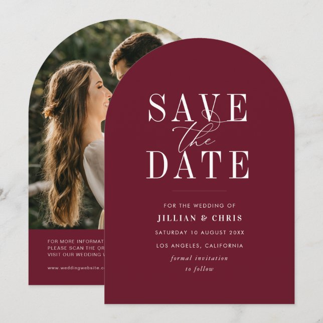 trendy minimal burgundy red save the date card (Front/Back)