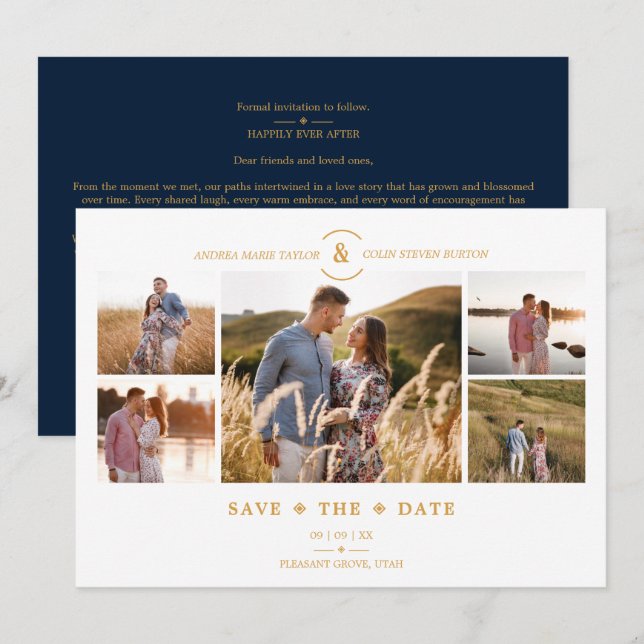 Trendy Minimal Navy/White 5 Multi Photos Collage Save The Date (Front/Back)