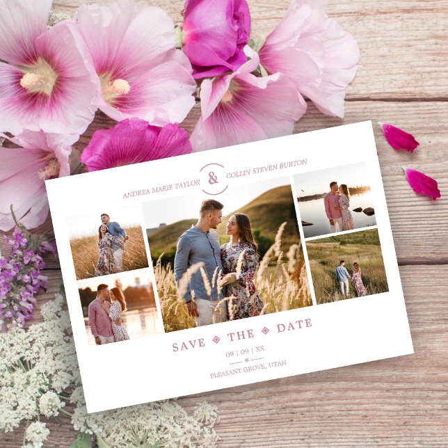 Trendy Minimal Pink/White 5 Multi Photos Collage Save The Date (Trendy Minimalist Pink/White 5 Multi Photos Collage Wedding Downloadable Save the Date)