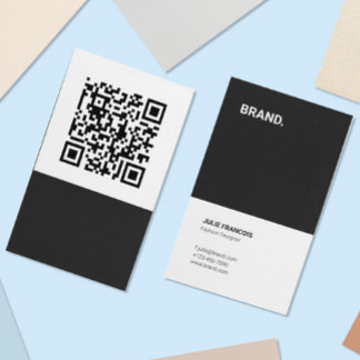 Trendy Minimalist Black White QR Code Vertical Business Card