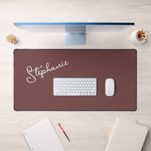 Trendy Minimalist Brown Script Personalised Name  Desk Mat (Office 1)
