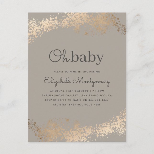 Trendy  Minimalist Greige & Gold Oh Baby Shower Invitation Postcard (Front)