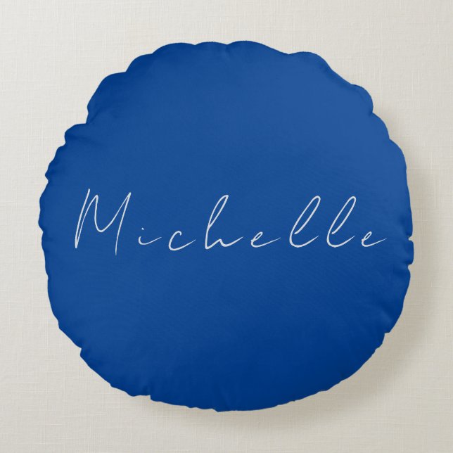 Trendy Minimalist Modern Handwritten Blue Round Cushion (Front)