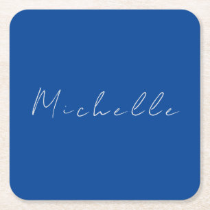 Trendy Minimalist Modern Handwritten Blue Square Paper Coaster