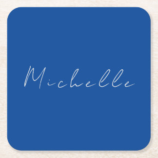 Trendy Minimalist Modern Handwritten Blue Square Paper Coaster