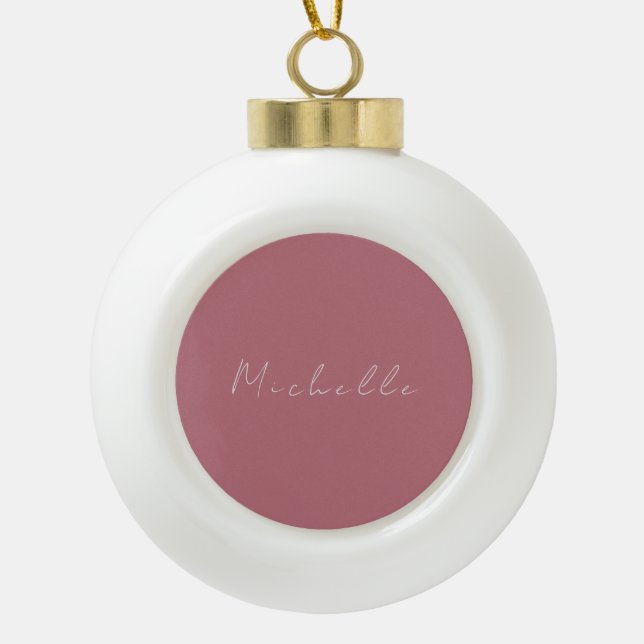 Trendy Minimalist Modern Handwritten Rose Gold Ceramic Ball Christmas Ornament (Front)