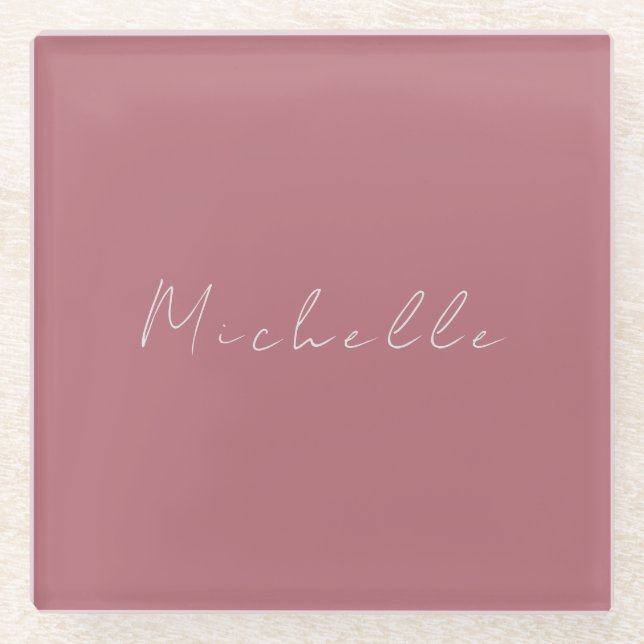 Trendy Minimalist Modern Handwritten Rose Gold Glass Coaster (Front)