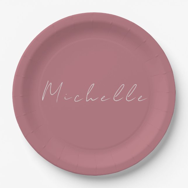 Trendy Minimalist Modern Handwritten Rose Gold Paper Plate (Front)