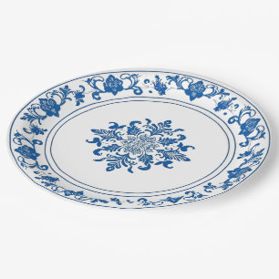 Trendy minimalist vintage Blue White chinoiserie Paper Plate