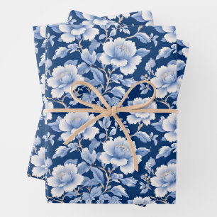 Trendy minimalist vintage Blue White Flower chinoi Wrapping Paper Sheet