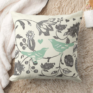 Trendy Mint and Grey Vintage Floral Bird Cushion