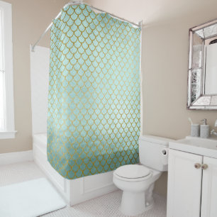 Trendy Mint Gold Glitter Mermaid Scales Shower Curtain