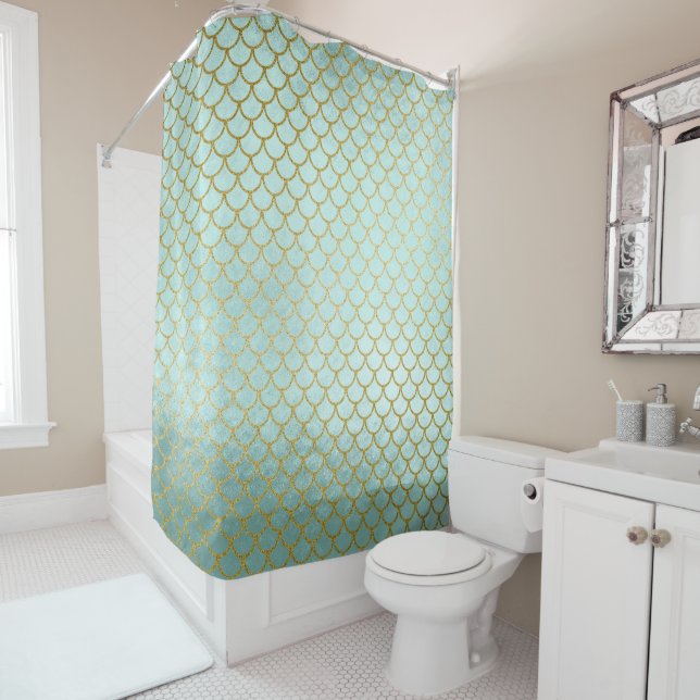 Trendy Mint Gold Glitter Mermaid Scales Shower Curtain (In Situ)