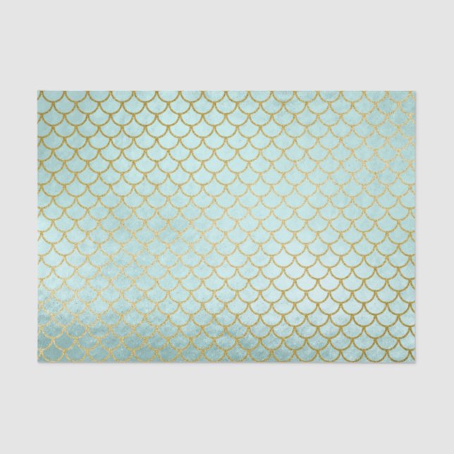 Trendy Mint Gold Glitter Mermaid Scales Tissue Paper (Front)