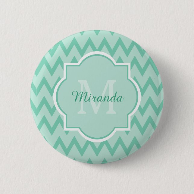 Trendy Mint Green Chevron Zigzag Name and Monogram 6 Cm Round Badge (Front)