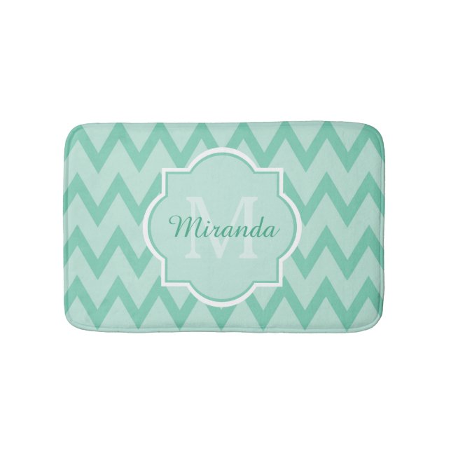 Trendy Mint Green Chevron Zigzag Name and Monogram Bath Mat (Front)