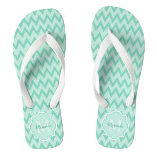 Trendy Mint Green Chevron Zigzag Name and Monogram Flip Flops