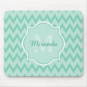 Trendy Mint Green Chevron Zigzag Name and Monogram Mouse Mat