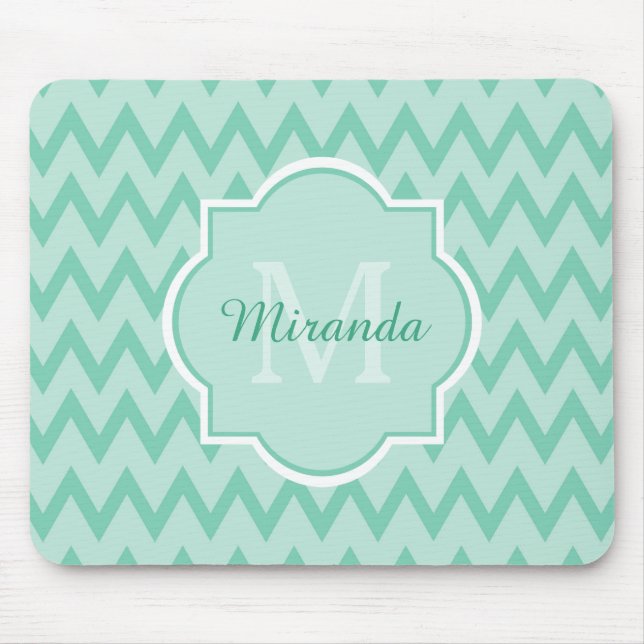 Trendy Mint Green Chevron Zigzag Name and Monogram Mouse Mat (Front)